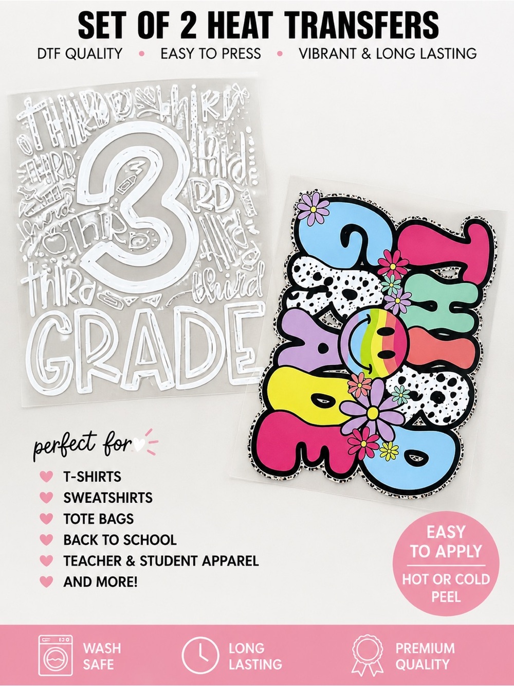 2 Large Craft Heat Transfers Third Grade School Designs | DTF/Iron-On